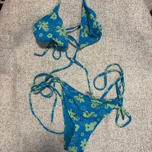 Blue With Green Flowers, Strappy Adjustable Triangle Bikini Set